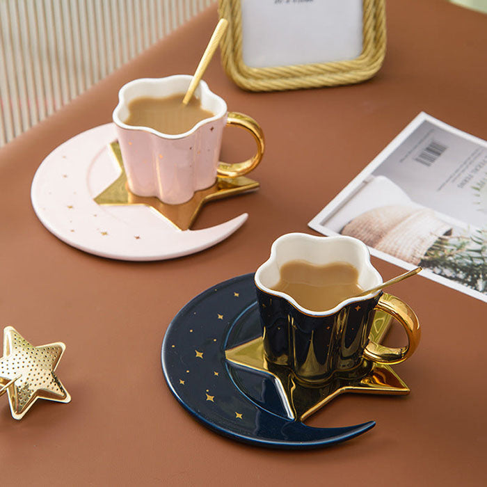 Coffee cup with a spoon, saucer with a star-moon design