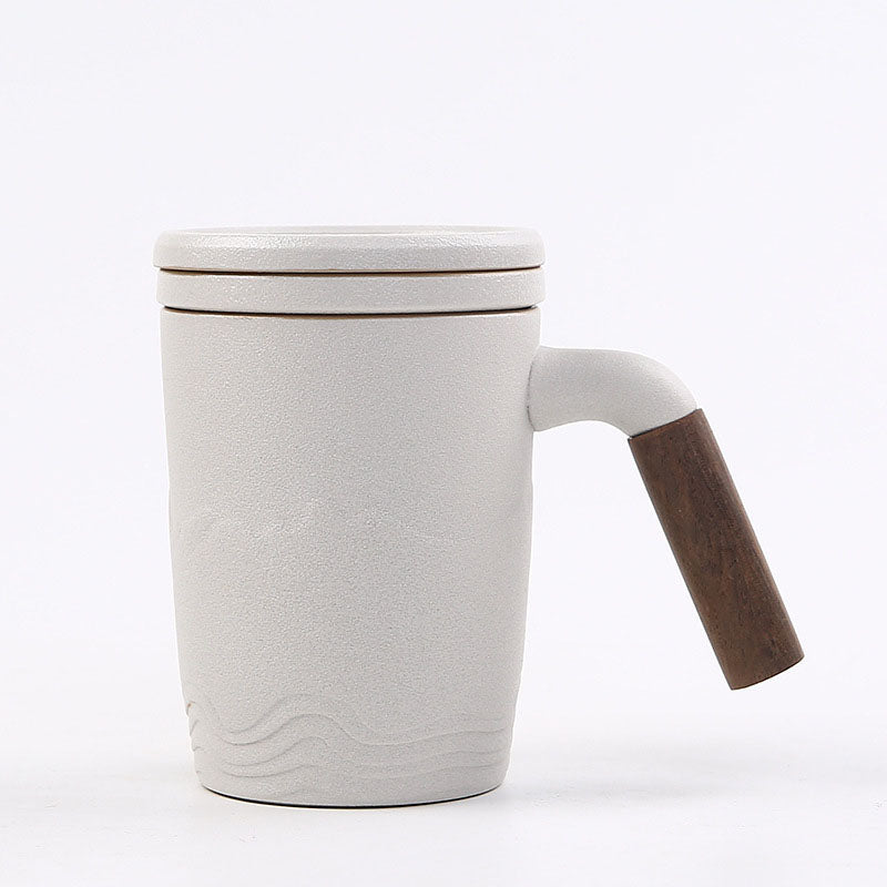 The tall skinny tea mug with lid, saucer and handle, white color