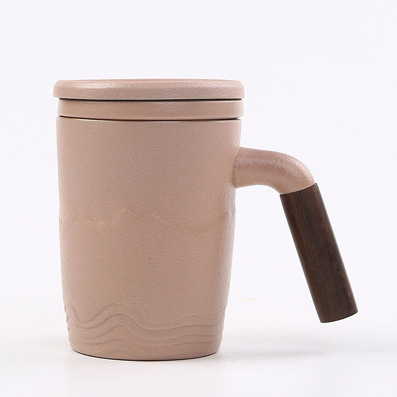 The tall skinny tea mug with lid, saucer and handle, pink color
