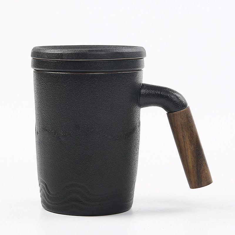 The tall skinny tea mug with lid, saucer and handle, black color