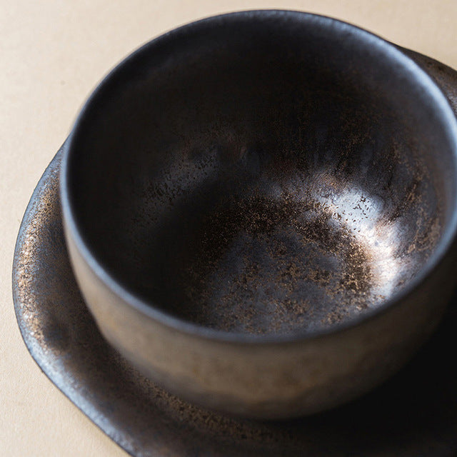 vintage rust glaze tea cups and saucer detail
