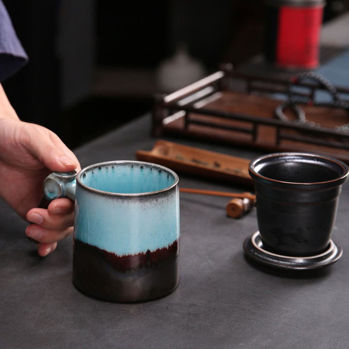 tea steeper mug, coffee mugs with wooden handle and ceramic strainer