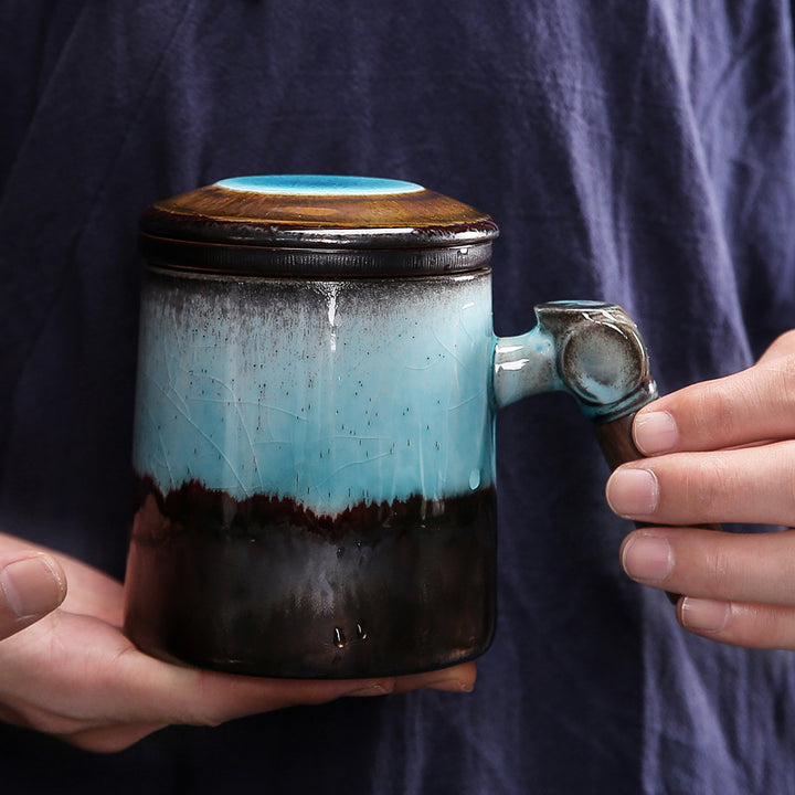 tea steeper mug, coffee mugs with wooden handle and ceramic strainer