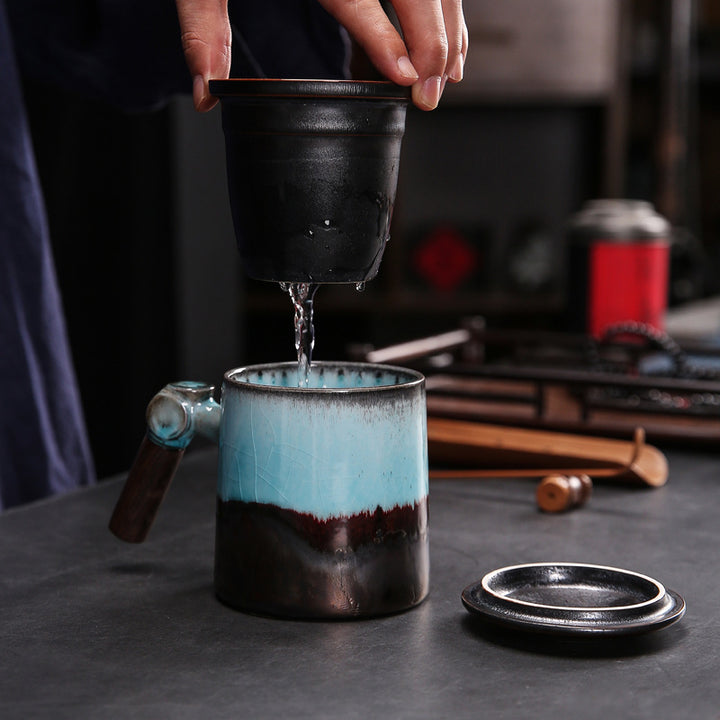 tea steeper mug, coffee mugs with wooden handle and ceramic strainer