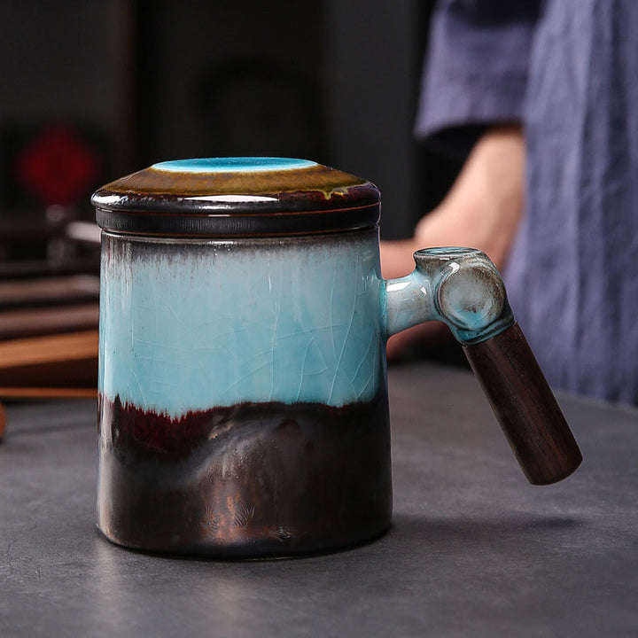 tea steeper mug, coffee mugs with wooden handle and ceramic strainer
